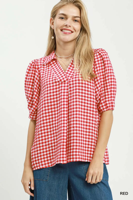 Red & White Gingham Puff Sleeve Blouse