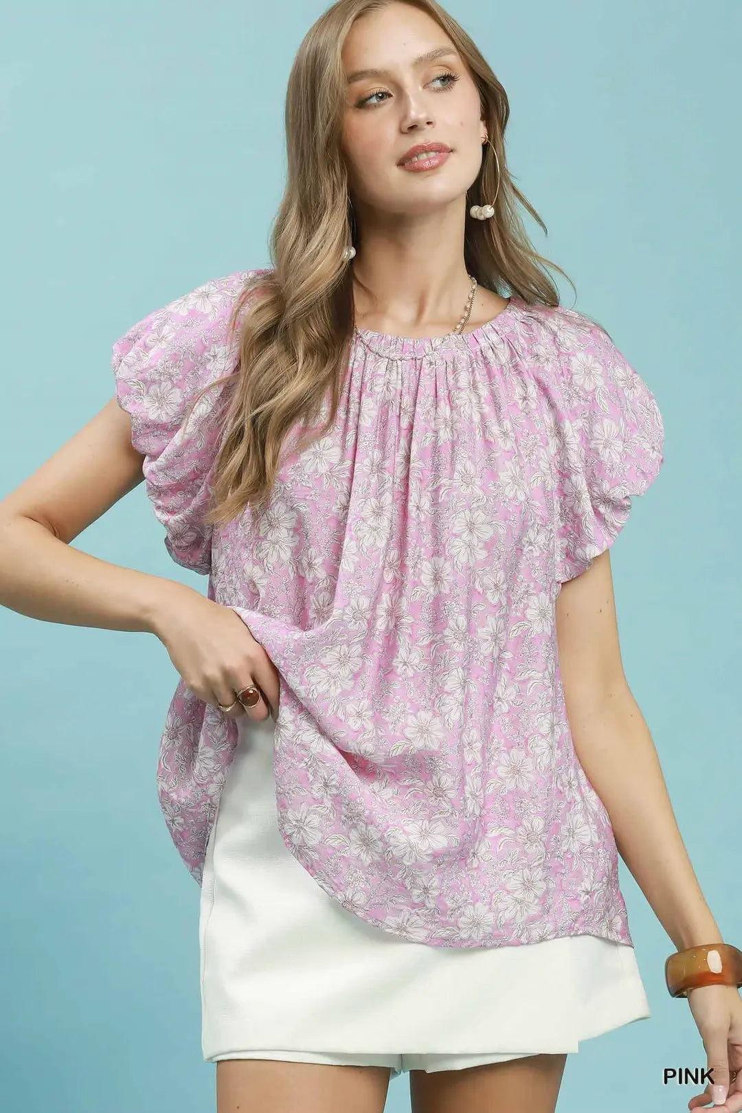 Pink Floral Puff Sleeve Blouse
