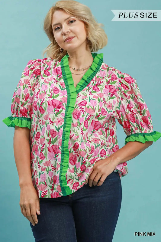 Plus Floral Ruffle Puff Sleeve Blouse