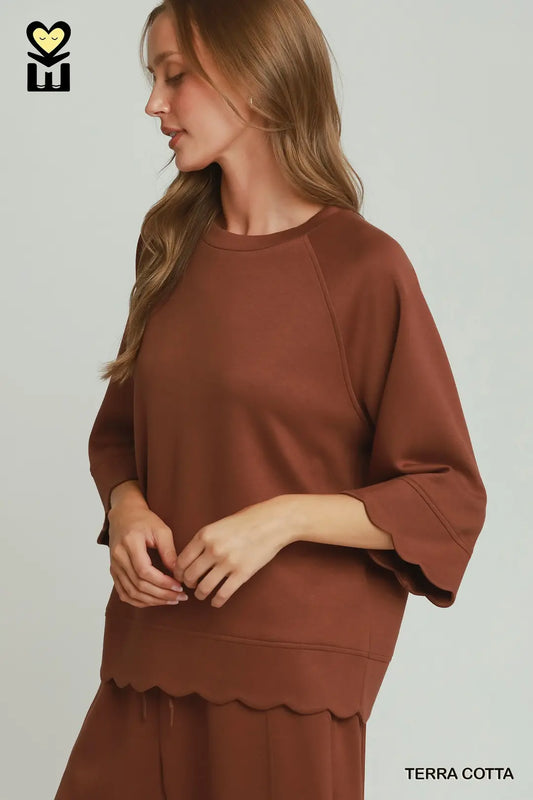 Terracotta Scallop Sleeve Top