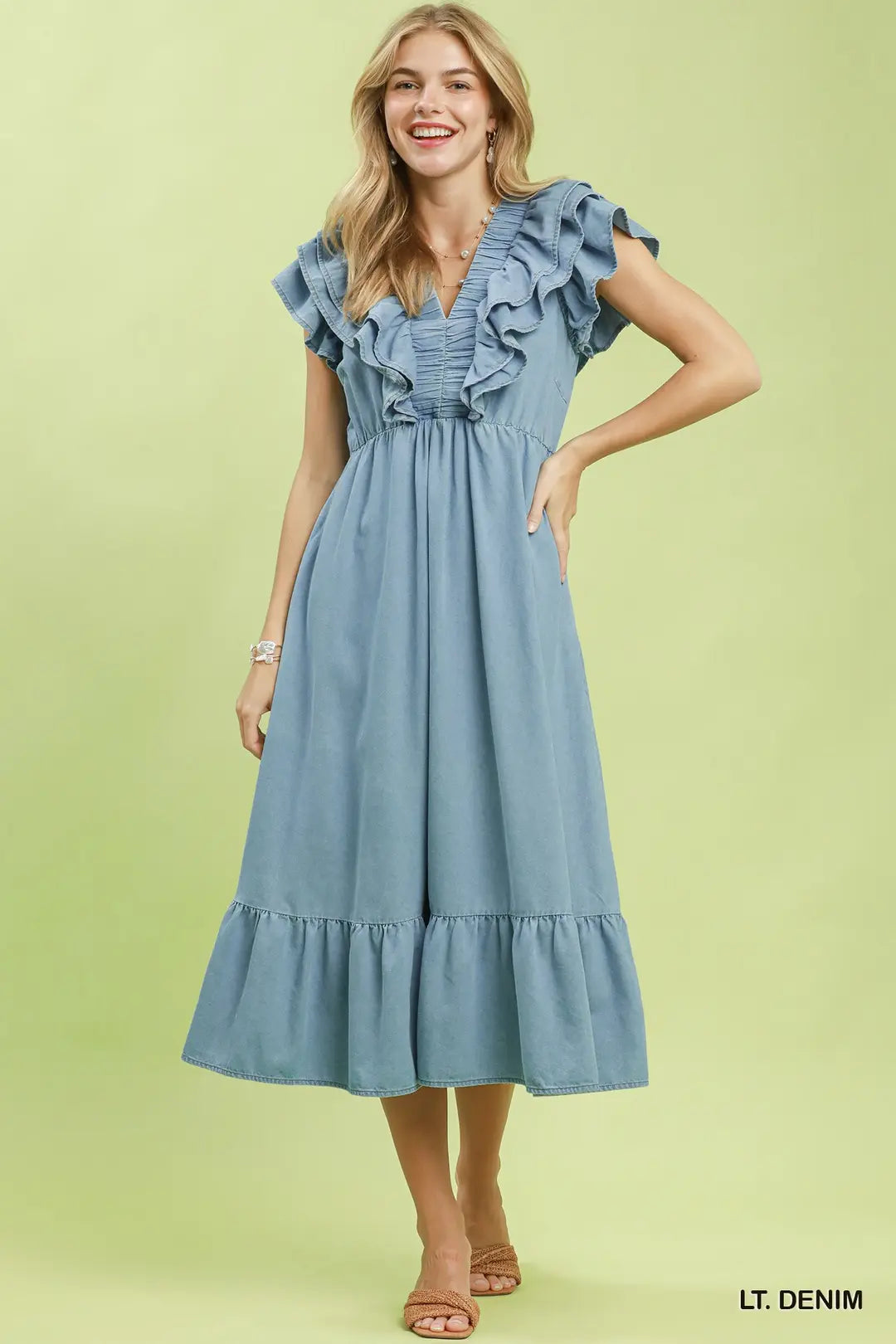 Light Denim Chambray Midi Dress with Flutter Sleeves