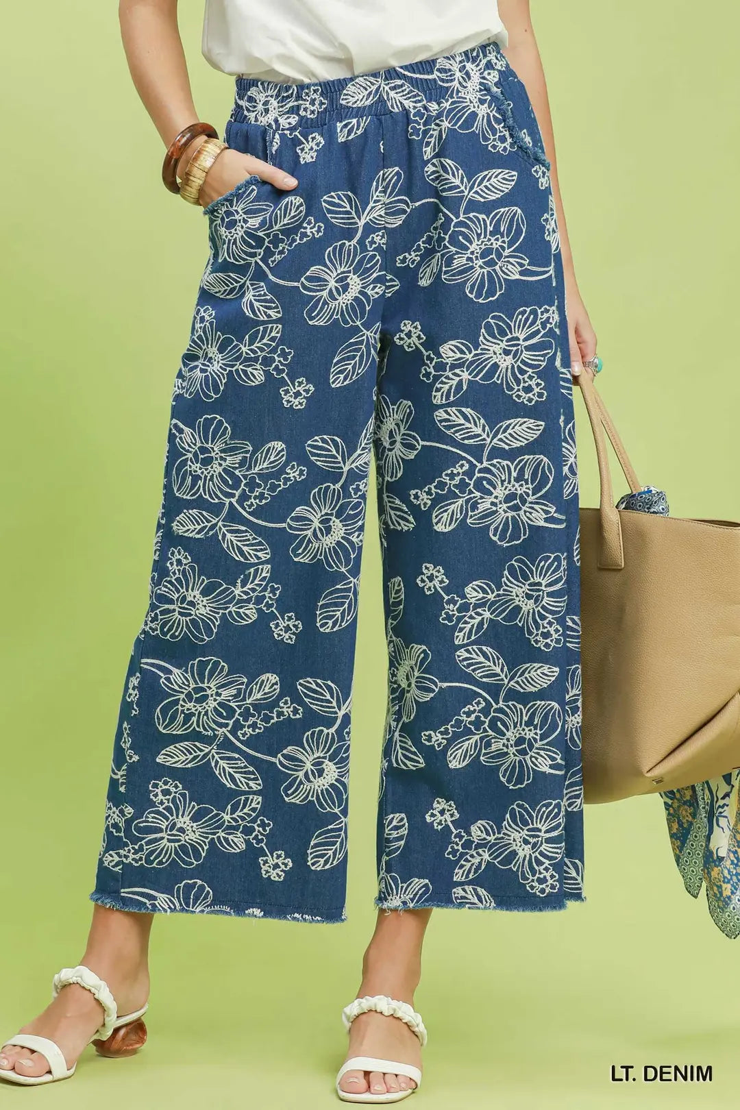 Light Denim Embroidery Wide Leg Pants