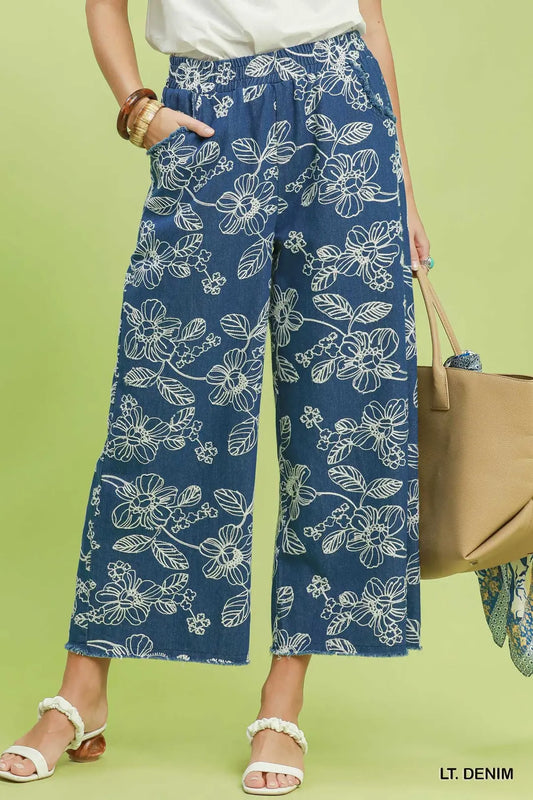 Light Denim Embroidery Wide Leg Pants