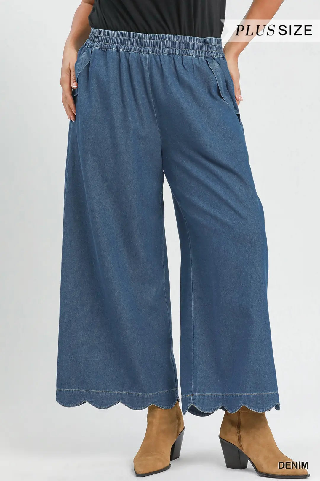 Plus Denim Scalloped Hem Pants