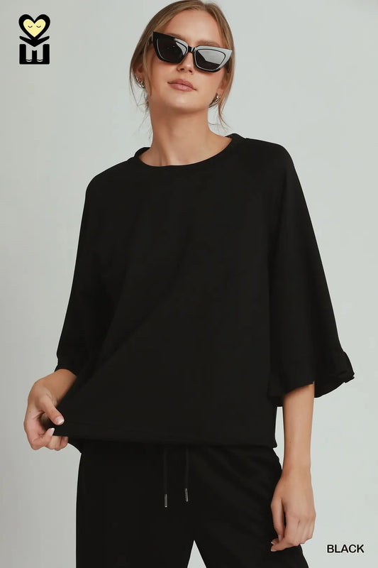 Black Round Neck Ruffle Sleeve Top