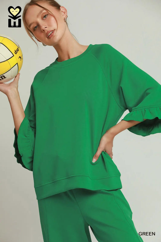 Green Round Neck Ruffle Sleeve Top