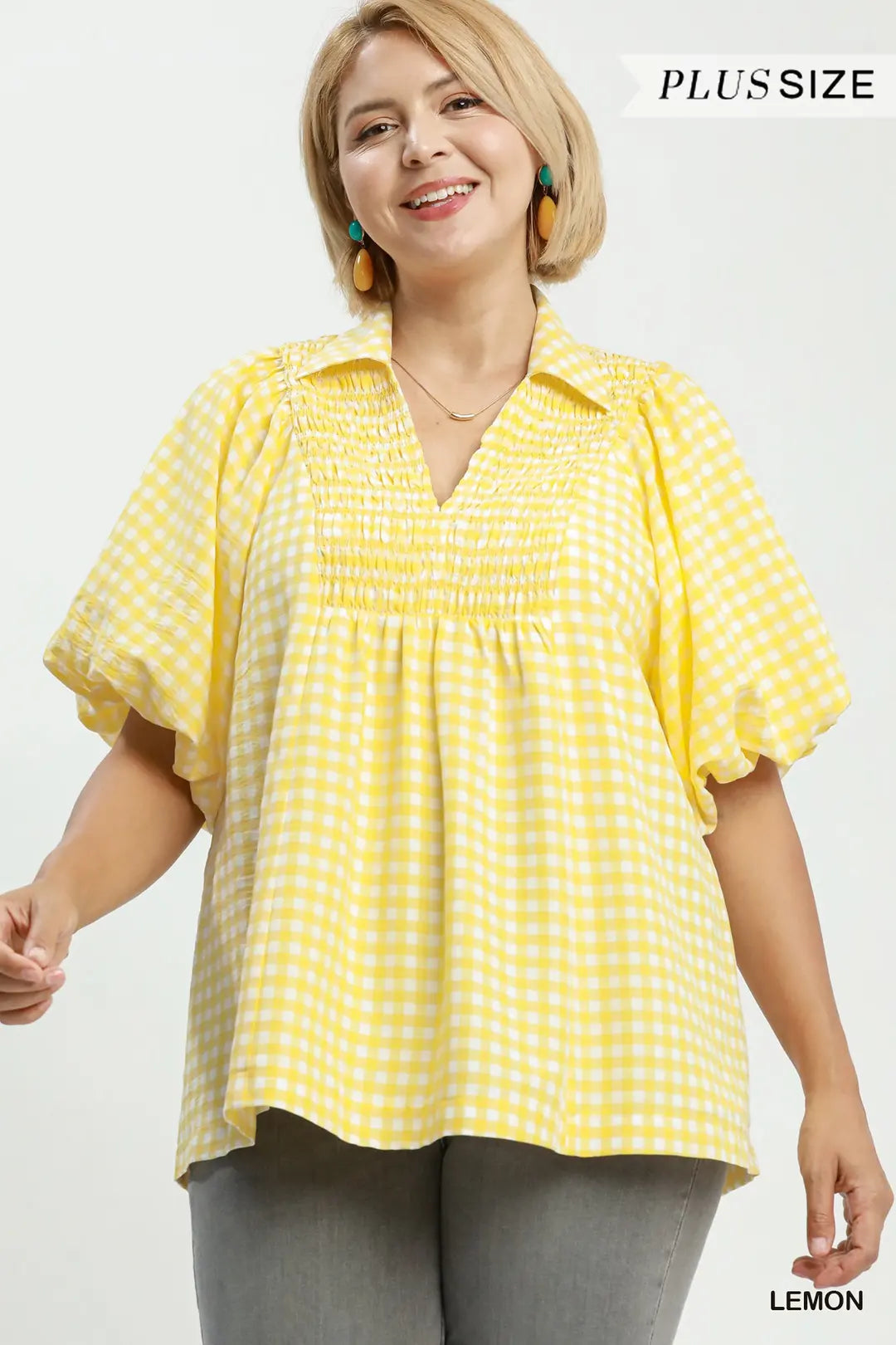 Plus Lemon Smocked Yoke Gingham Blouse