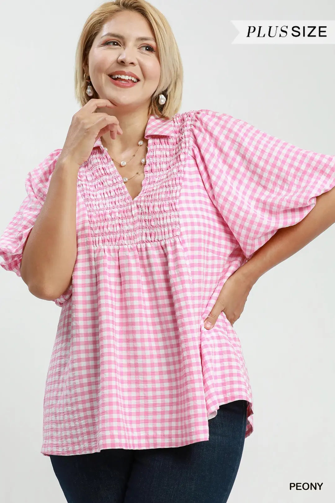 Plus Peony Smocked Yoke Gingham Blouse