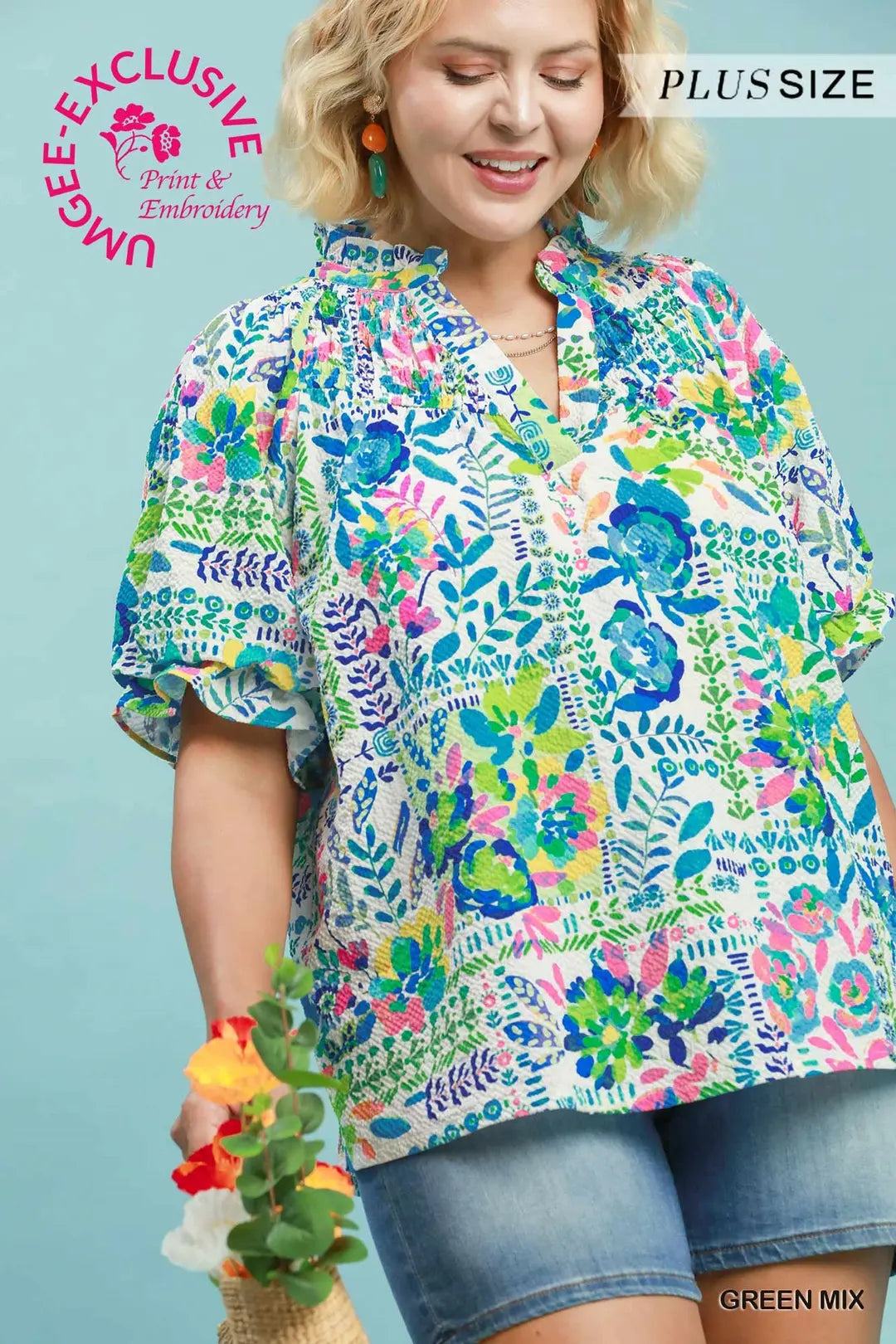 Plus Green Mix Botanical Print Blouse