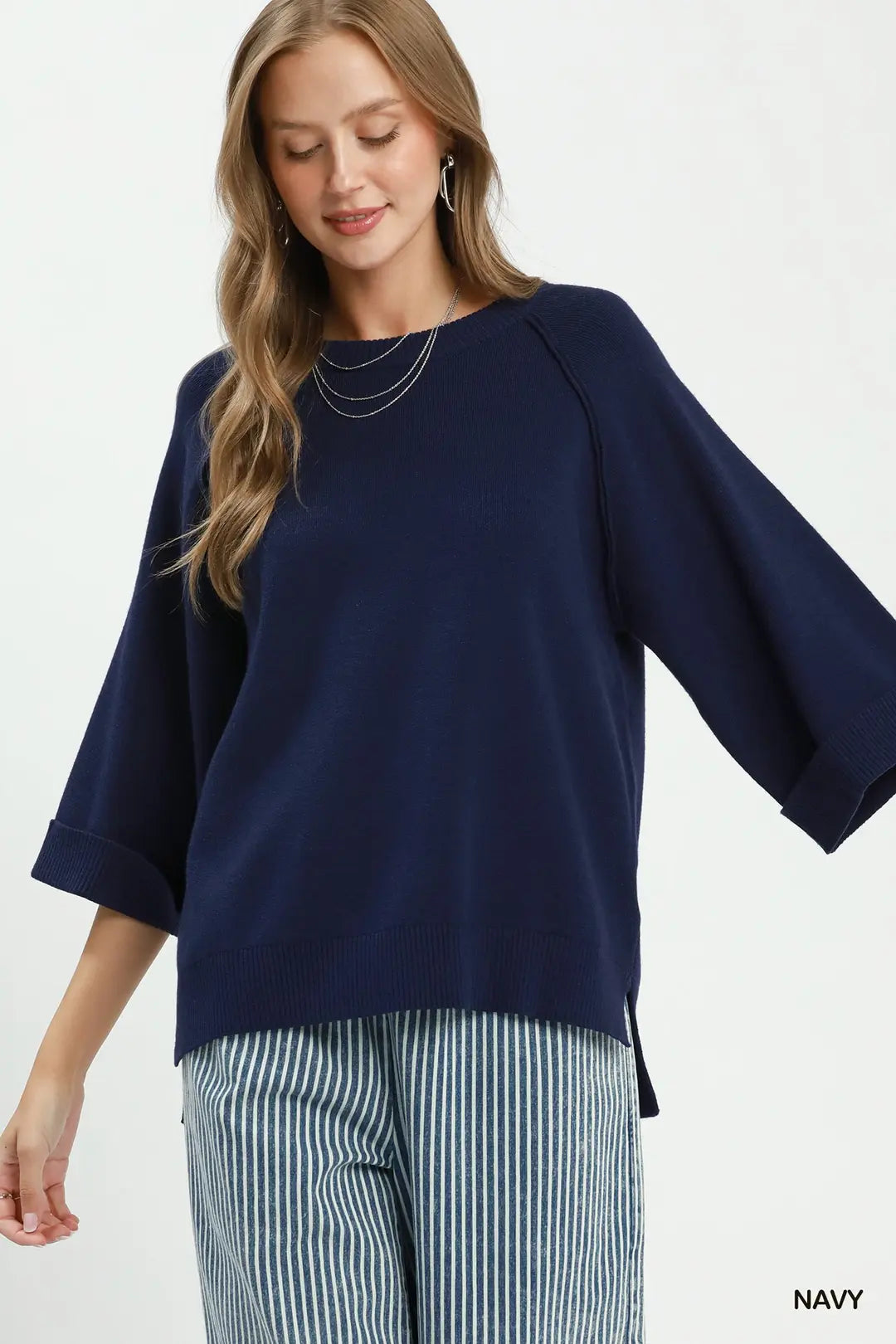 Navy Crewneck Knit Top