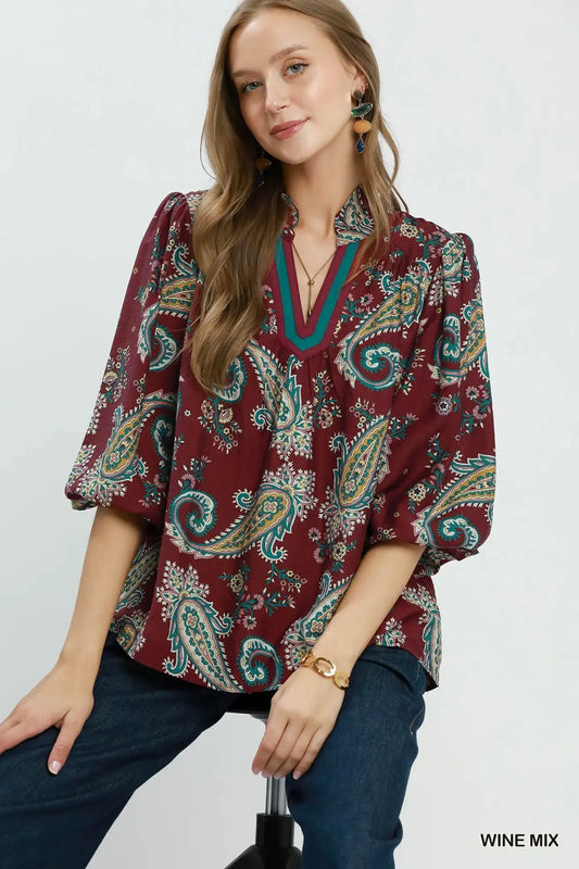 Wine Mix Paisley Print Top