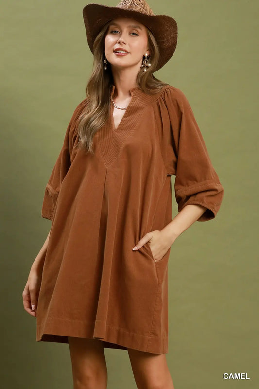 Camel Corduroy Puff Sleeve Dress