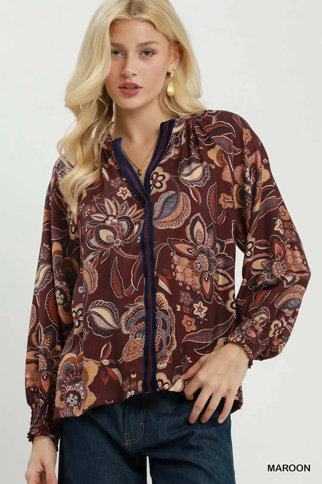 Maroon Floral Print Long Sleeve Blouse
