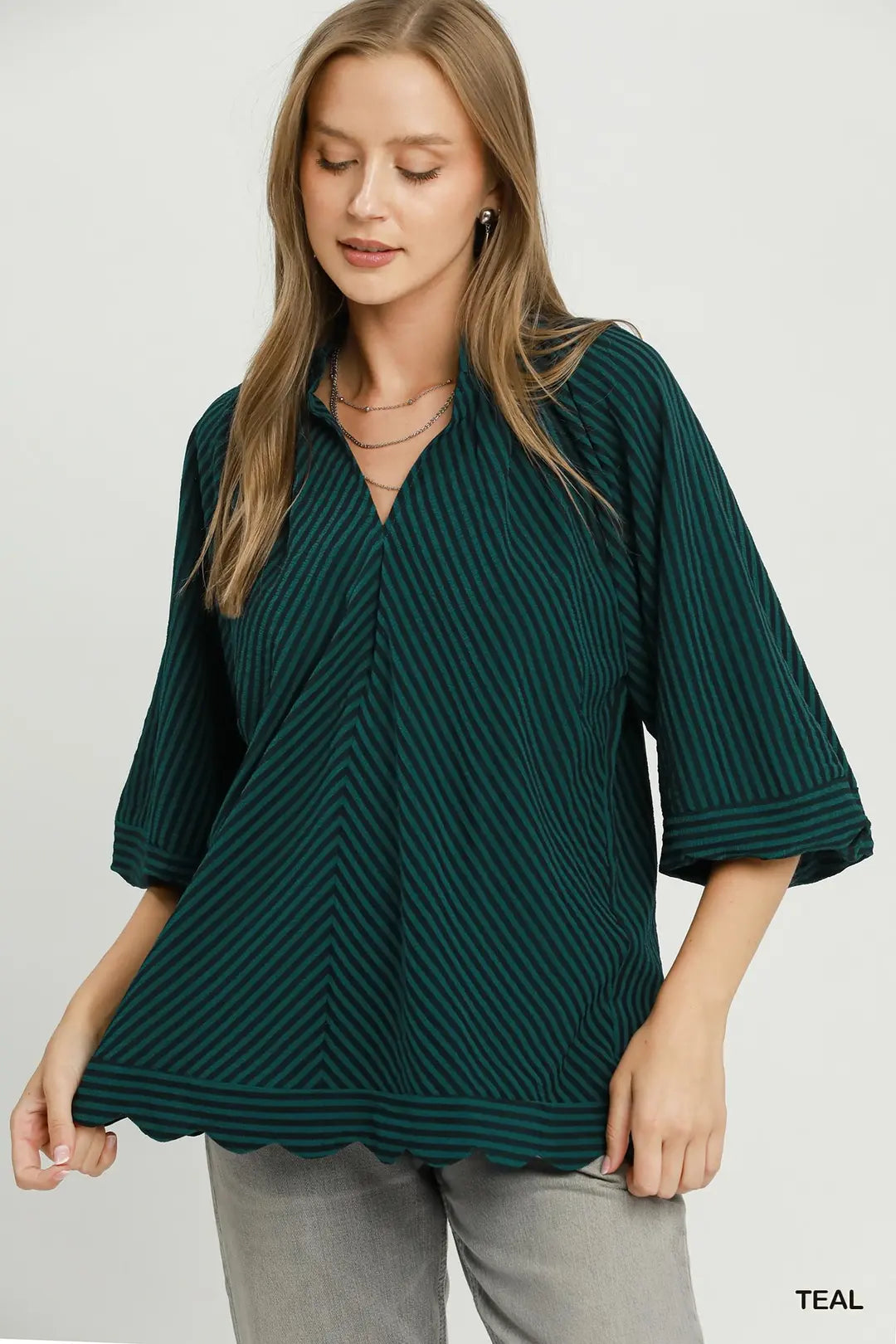Teal Seersucker V-Neck Top