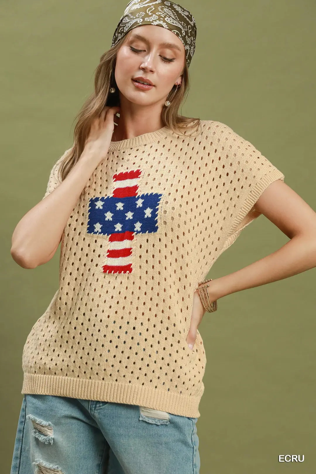 Ecru Open Knit Americana Flag Knit Sweater