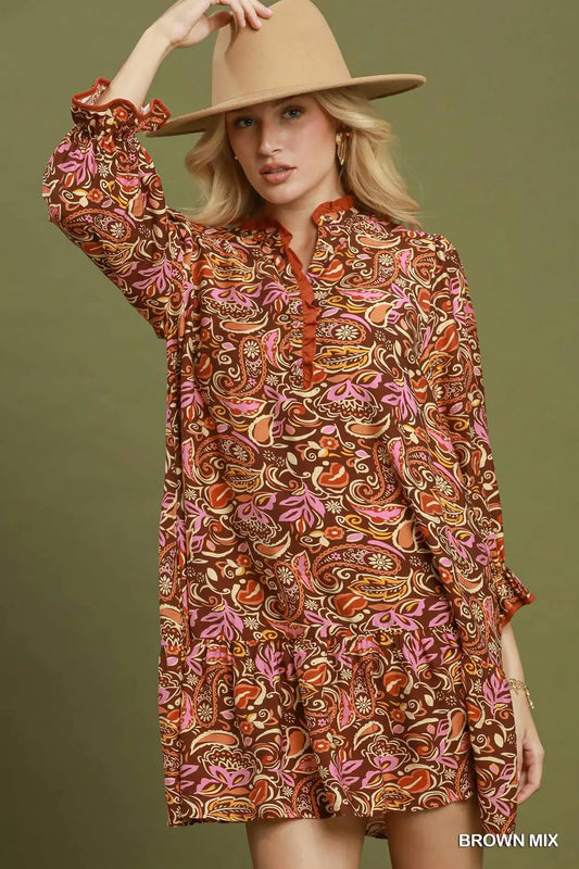 Brown Mix Boho Paisley Tiered Dress