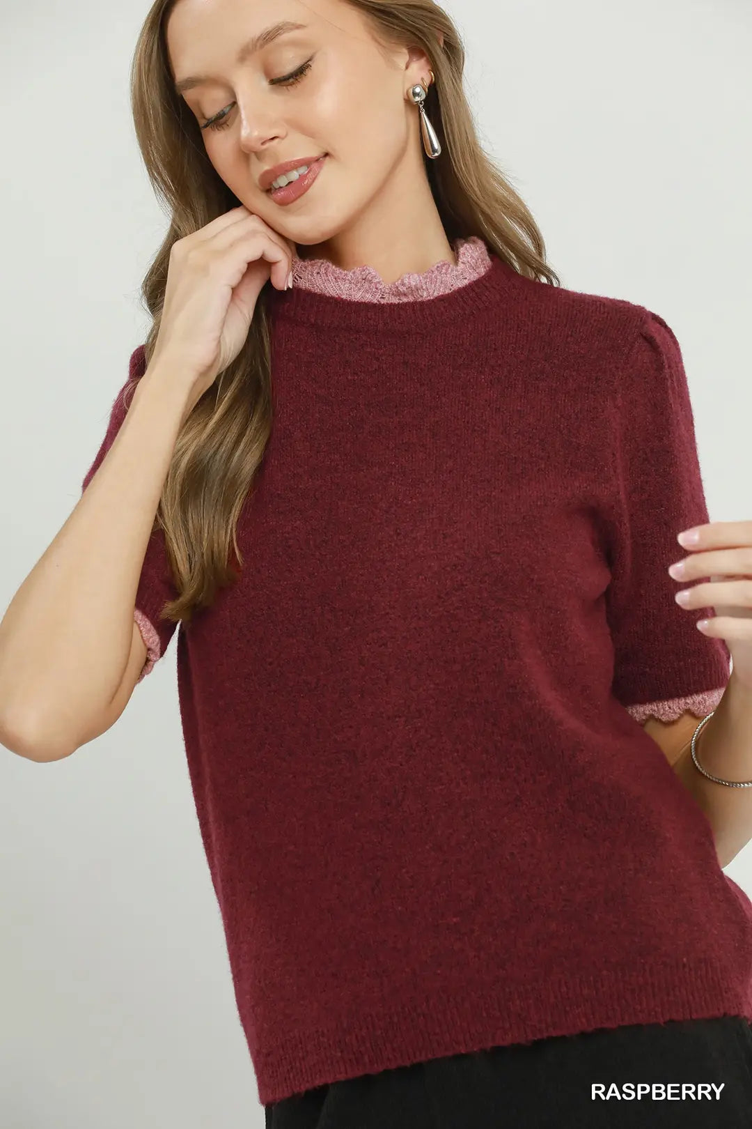 Raspberry Trim Puff Sleeve Top