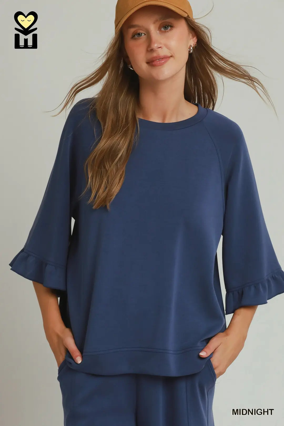 Midnight Round Neck Ruffle Sleeve Top