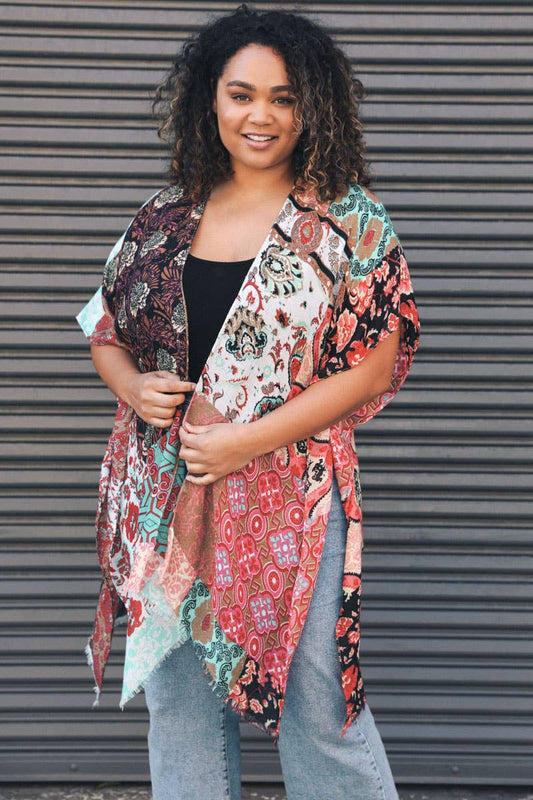 Plus One Size Floral Patchwork Kimono