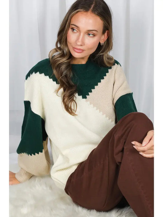 Color Block Round Neck Kint Sweater