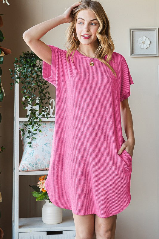 Plus Pink Ribbed Dress with Side Pockets
