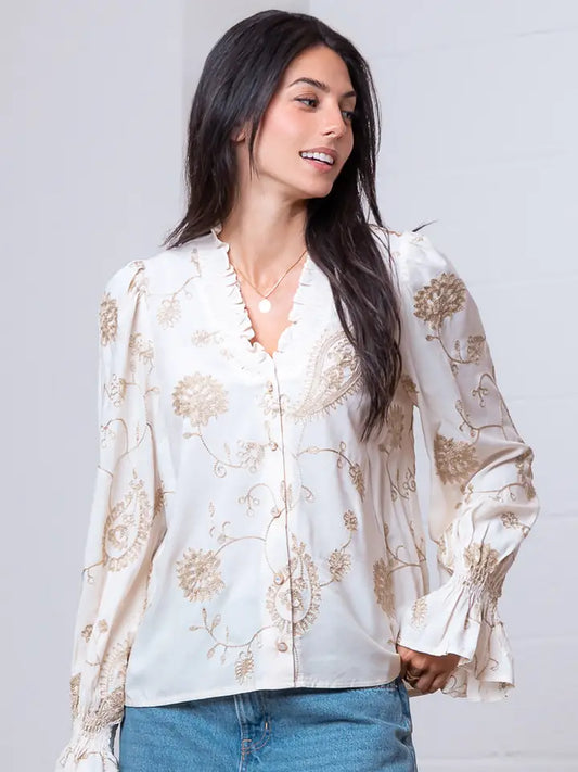 Gold and Cream Floral Embroidered Top