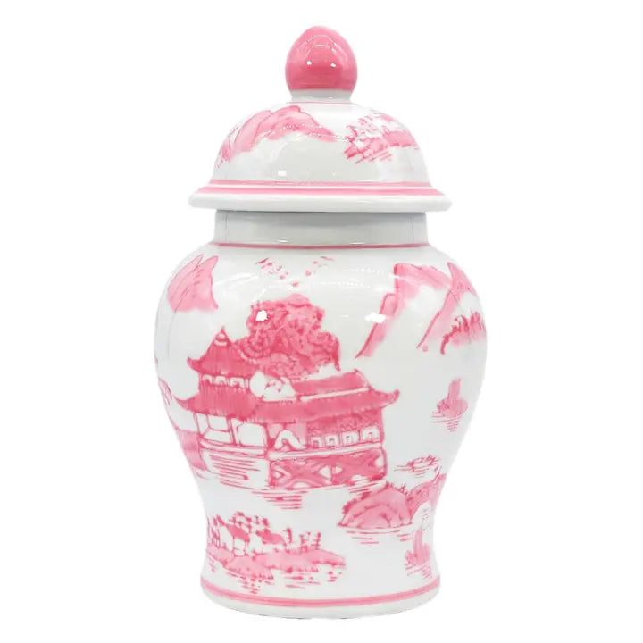 Pink & White Small 8" Chinoiserie Ceramic Ginger Jar