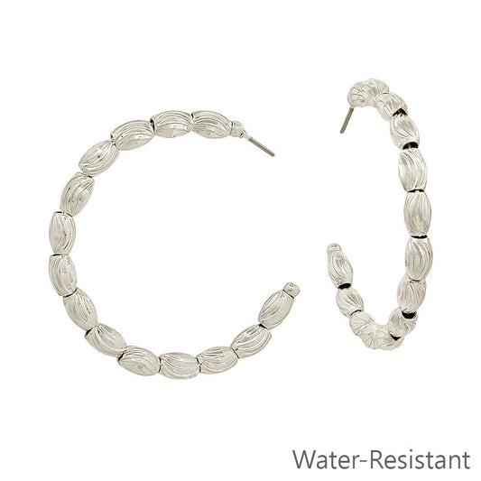 Water Resistant Silver Textured Oval Beaded 1.5" Hoop Earring