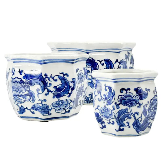 Round Hexagon Pot - Fluted Edge Ceramic Chinoiserie Planter