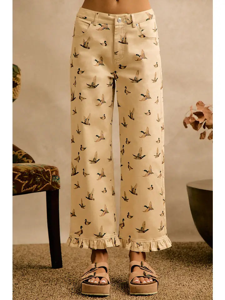 Mallard Duck Print Ruffle Leg Pants
