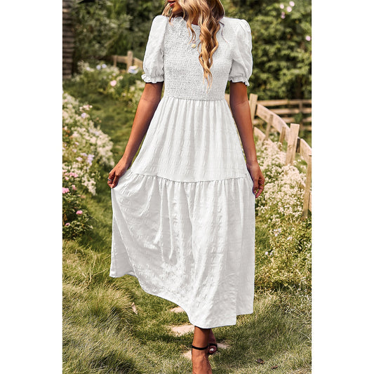 Pleated White Tiered Solid Dress