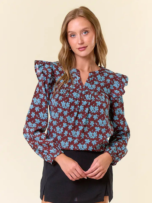 2-Tone Floral Print Long sleeve Blouse