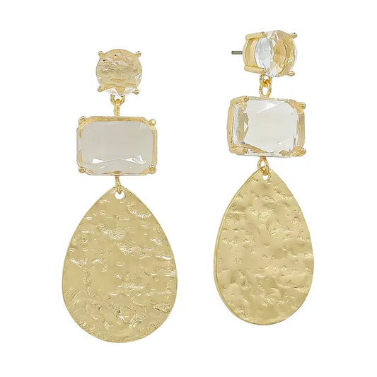 Hammered Teardrop with Clear Stone Earrings