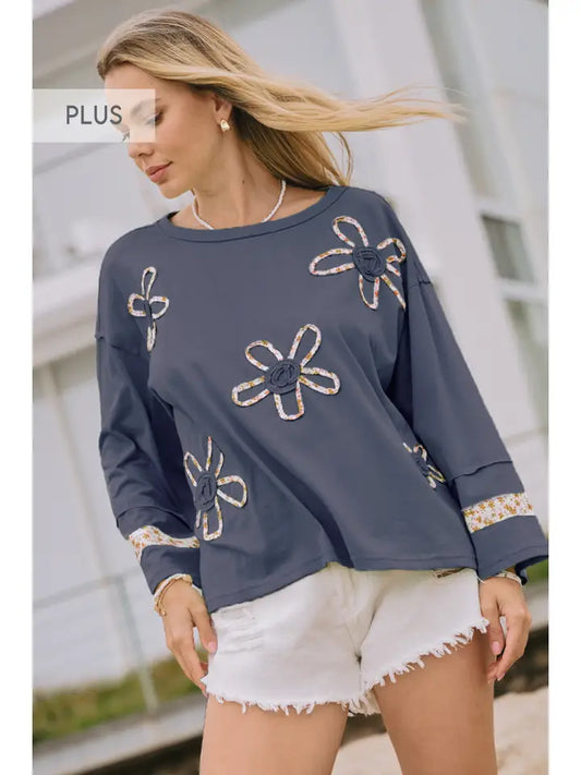 Plus Denim Patch Work Flower Top