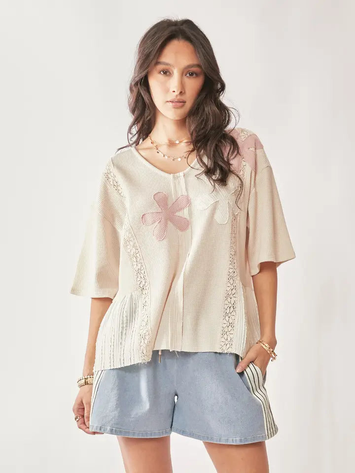 Floral Patch Lace Trim Ruffle Blouse