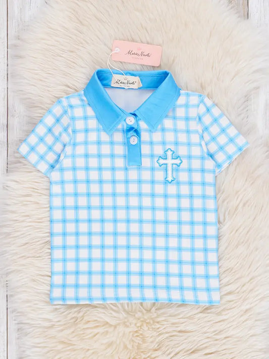 Blue Plaid Embroidered Cross Polo Shirt