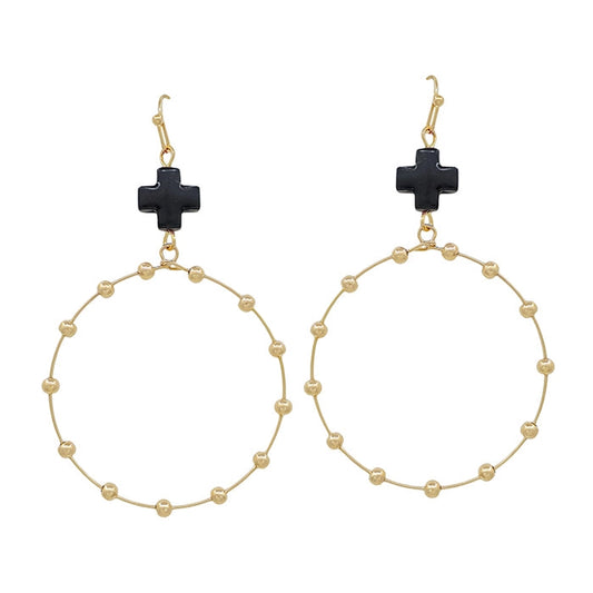 Gold Beaded Earrings with Black Cross