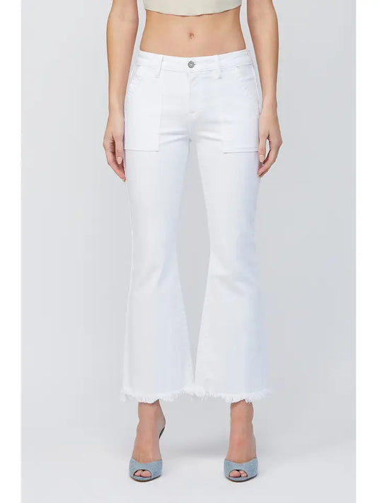 White Cargo Pocket Cropped Flare Pants