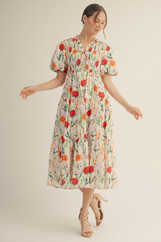 Red Mix Floral Midi Dress