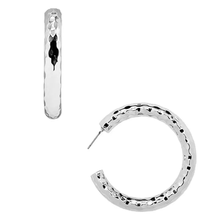 Shiny Silver Hammered Hoop Earrings