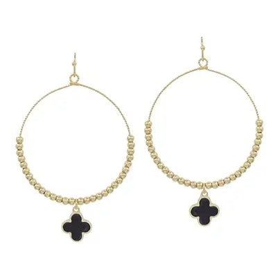 Gold Beaded Hoop with Black Clover Earring