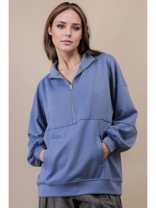Denim Half Zip Up Oversized Knit Top