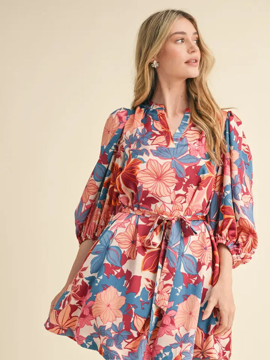 Puff Sleeve Tying V Neck Dress