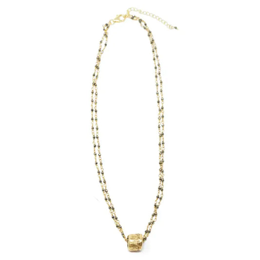 Small Gold Barrel On Double Pyrite Necklace
