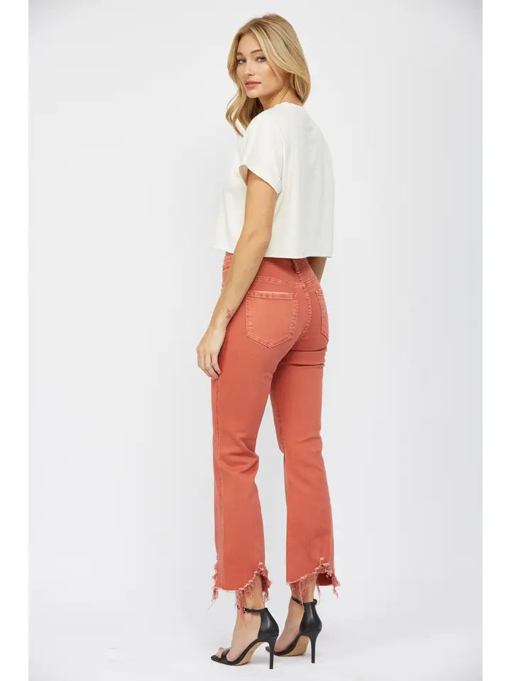 Bright Penny High Rise Crop Flare with Frayed Bottom
