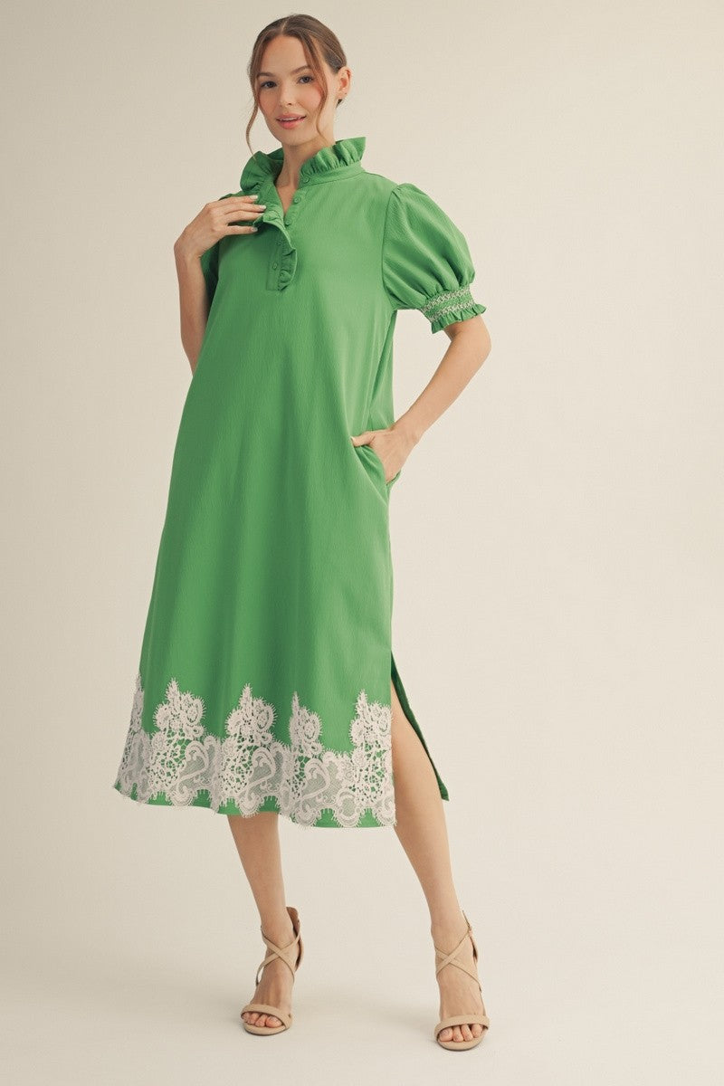 Kelly Green Applique Lace Trim Dress