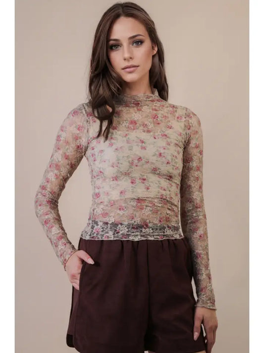 Beige Floral Mesh Top