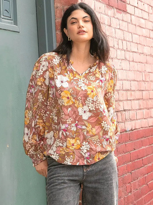 Floral Top V Neck with Smocked Sleeves