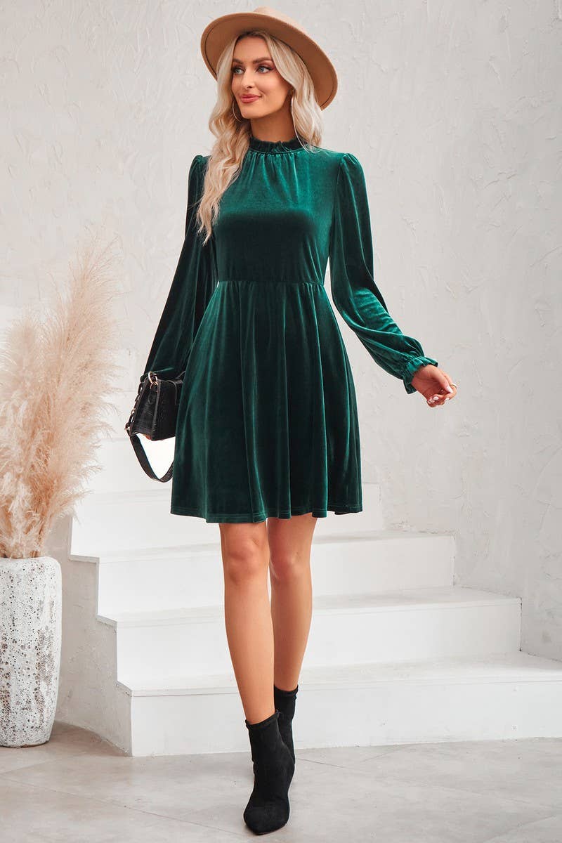 Green Velvet Round neck Puff Sleeve Smocking Detailed Dress