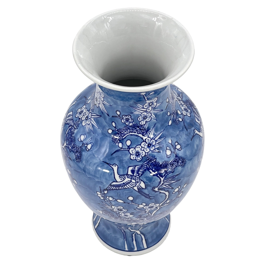 Blue & White Crane & Flares Chinoiserie Ceramic Vase